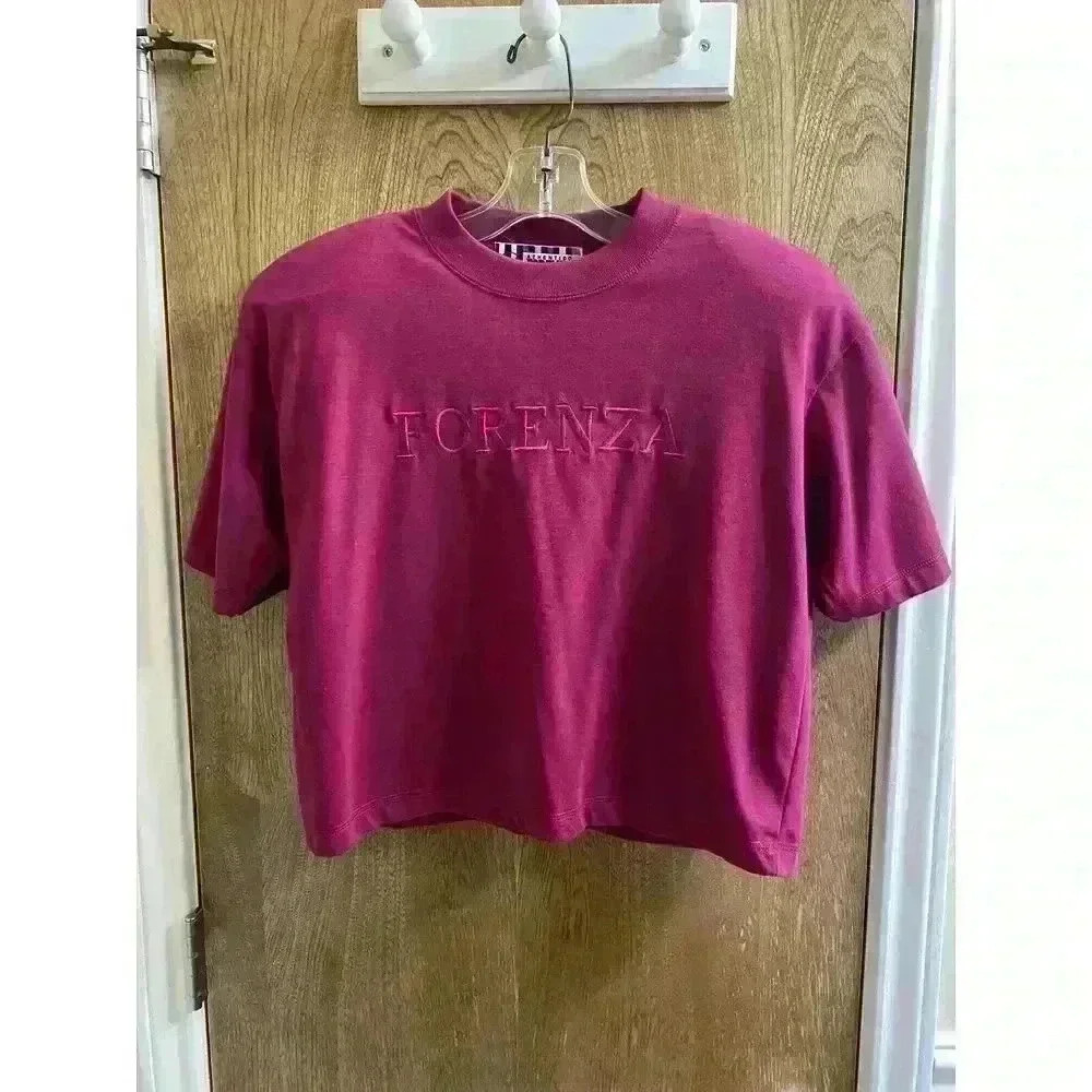 Vintage Forenza Embroidered Fuchsia Pink Crop Top With Shoulder Pads Size Small